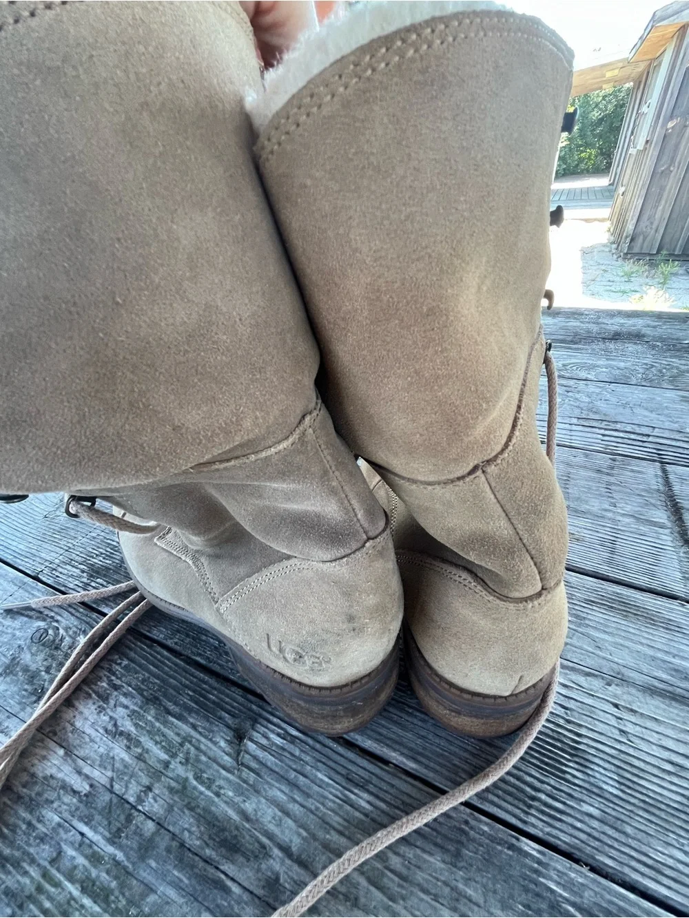 Uggs Suede Lace-Up Faux Shearling winter/fall  Boots - Taupe sz 7, used 2x